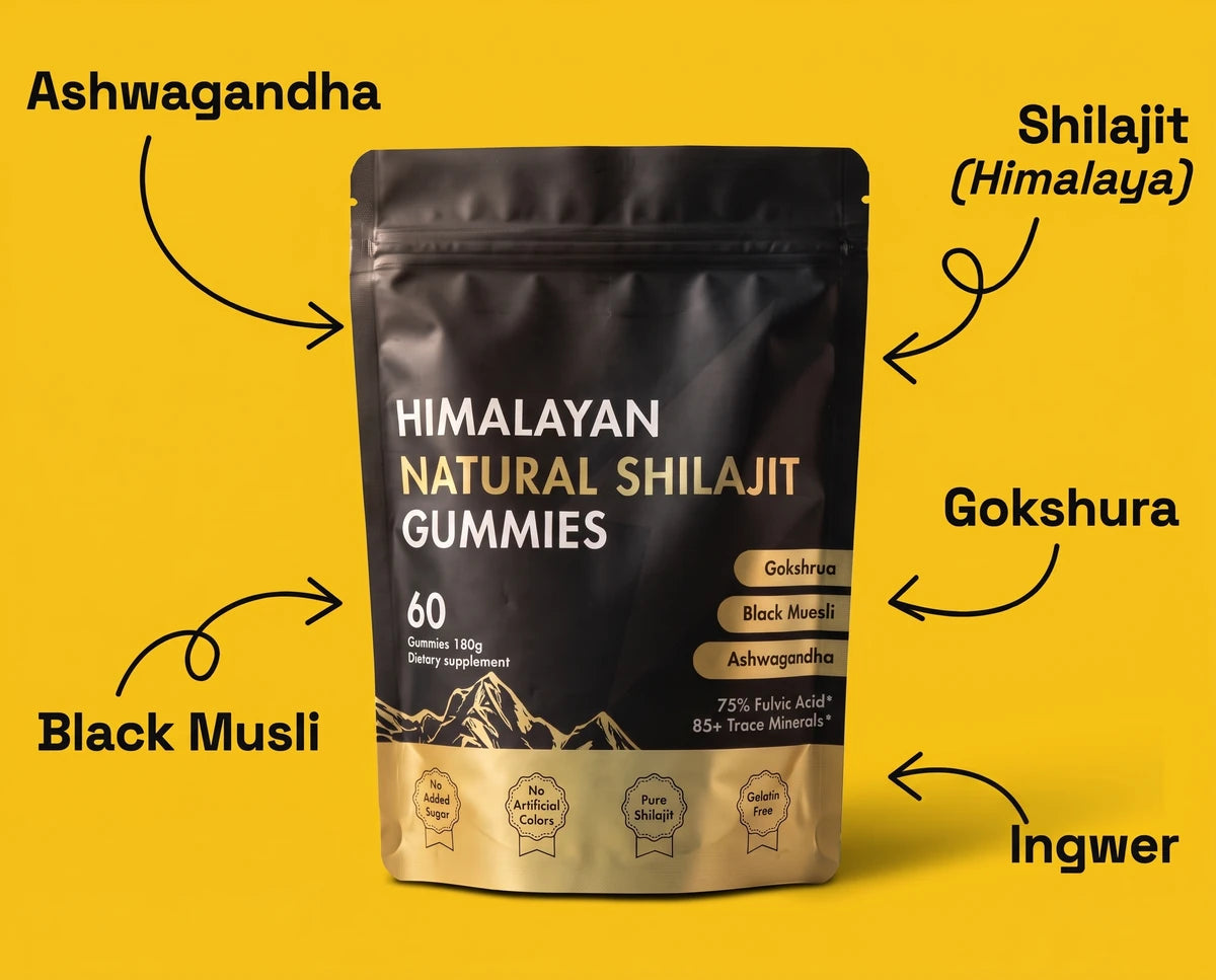 Beutel Mer Shilajit Gummies mit Pfeilen zu Shilajit, Ashwagandha, Gokshura, Black Musli und Ingwer